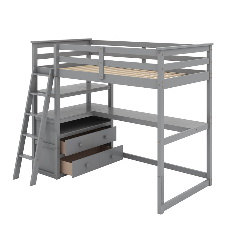 Lit mezzanine avec bureau et tablettes, Gris, Lit simple