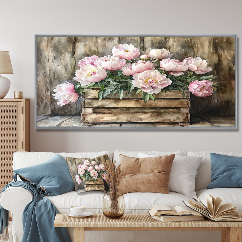 Pivoine campagnarde - Bouquet de pivoines, H 28 po x l 60 po, Floater Framed, Argent argent