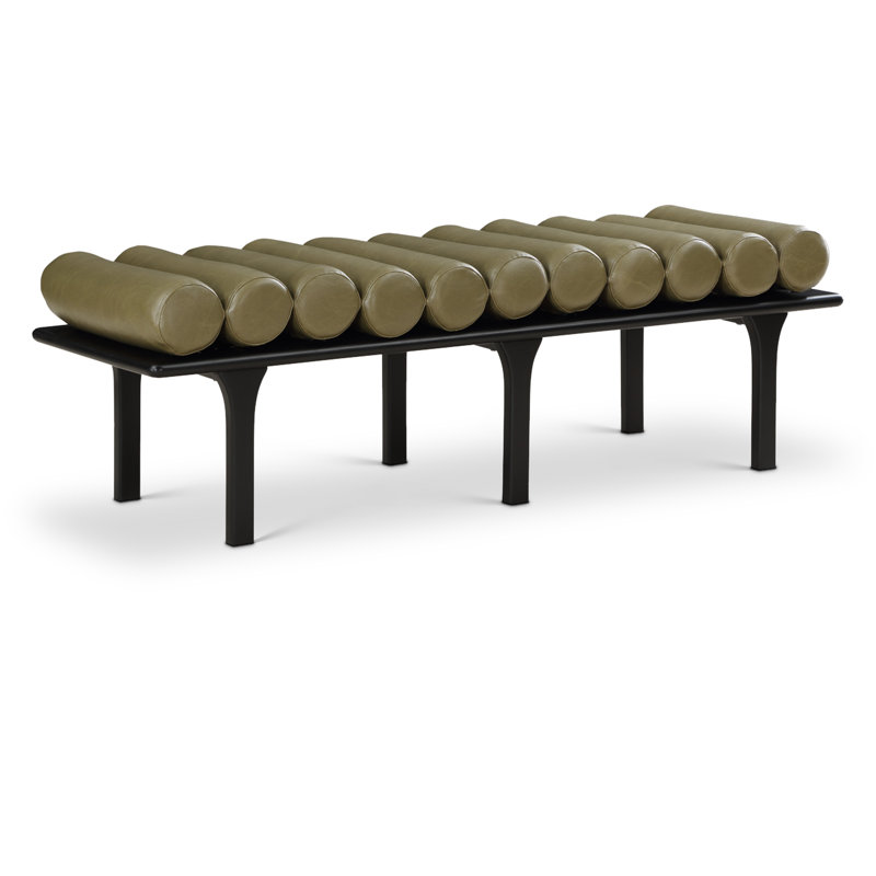 Banc rembourré en similicuir Landon Boutis, Cuir végétalien vert olive, Noir