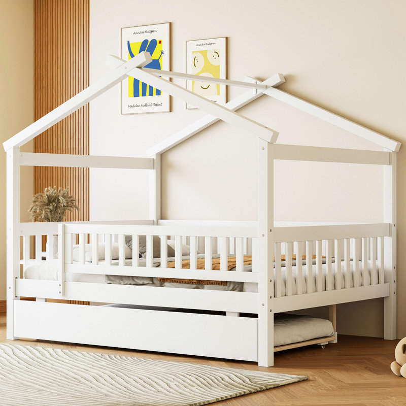 Wooden House Bed With Trundle, White