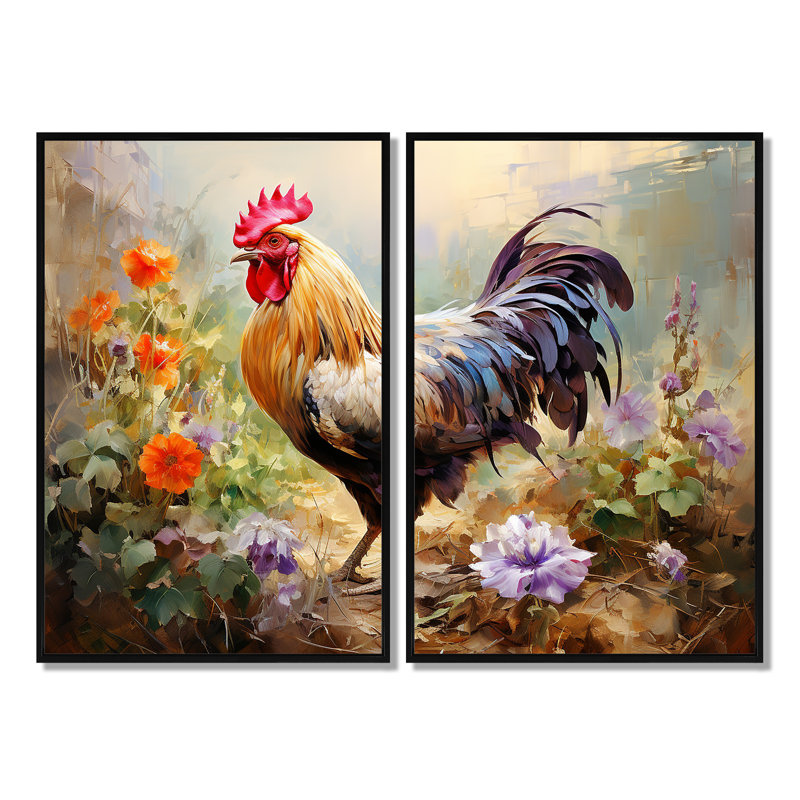 «Red Melody Roosters Flower Gardens - Large Rooster», art mural, Noir, noir, noir, noir, H 36 po x l 48 po