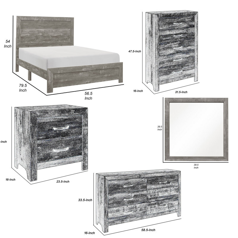 Ensemble de chambre à coucher grand lit, finition brune, panneau, ensemble 5 pièces avec lit, table de chevet, commode, miroir et commode