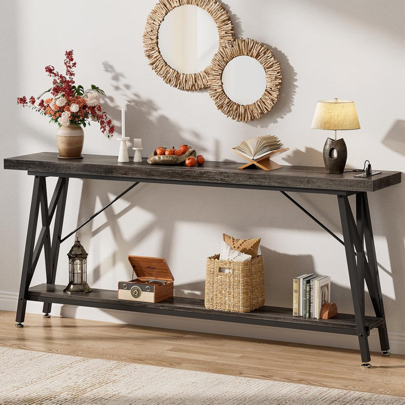 70.9'' Console Table with Charging Station, Black Oak