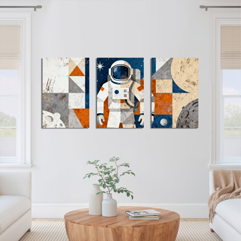 «Retro Astronaut Space Exploration», impression sur toile tendue à motif géométrique rétro (ensemble de 3), H 36 po x l 72 po