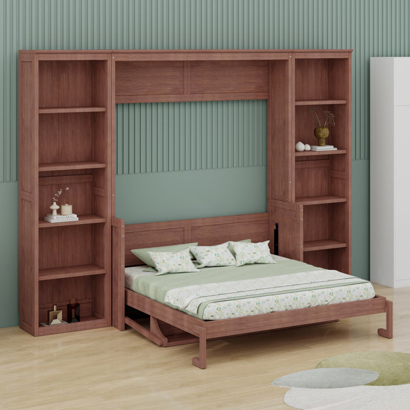 Lit escamotable avec bureau et bibliothèque Murphy, Lit double, Marron foncé