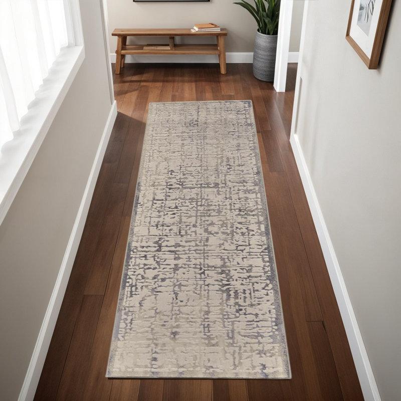 Tapis de couloir abstrait 8 pi gris et ivoire