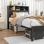 Structure de lit simple en métal avec tête de lit avec rangement, lumières intelligentes et fonction de charge - bruit, sans sommier, charge de bibliothèque à installation rapide, conduit pour une chambre à coucher reposante, assemblage simple-374219468-374219469
