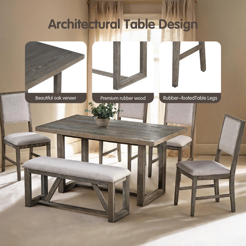 Ensemble de salle à manger rétro 6 pièces, table en bois de 152 cm avec piètement à tréteaux, 4 chaises et un banc pour cuisine/salle à manger