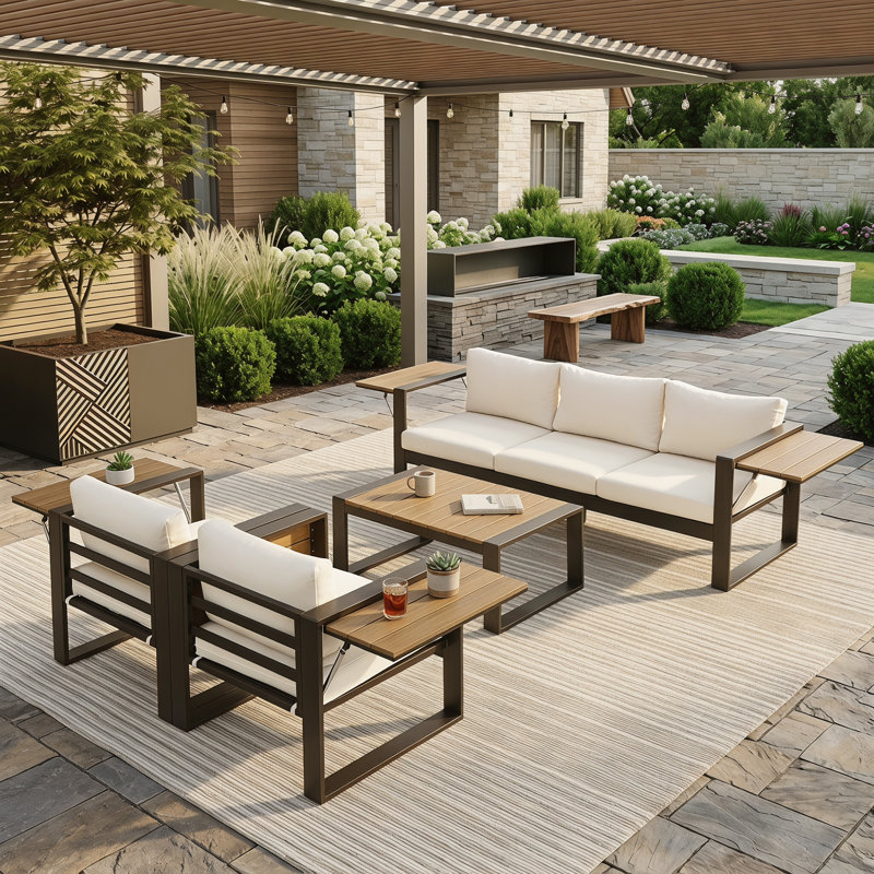 5-Person Aluminum Frame Outdoor Conversation Set with Fold-Out Side Tables, Beige