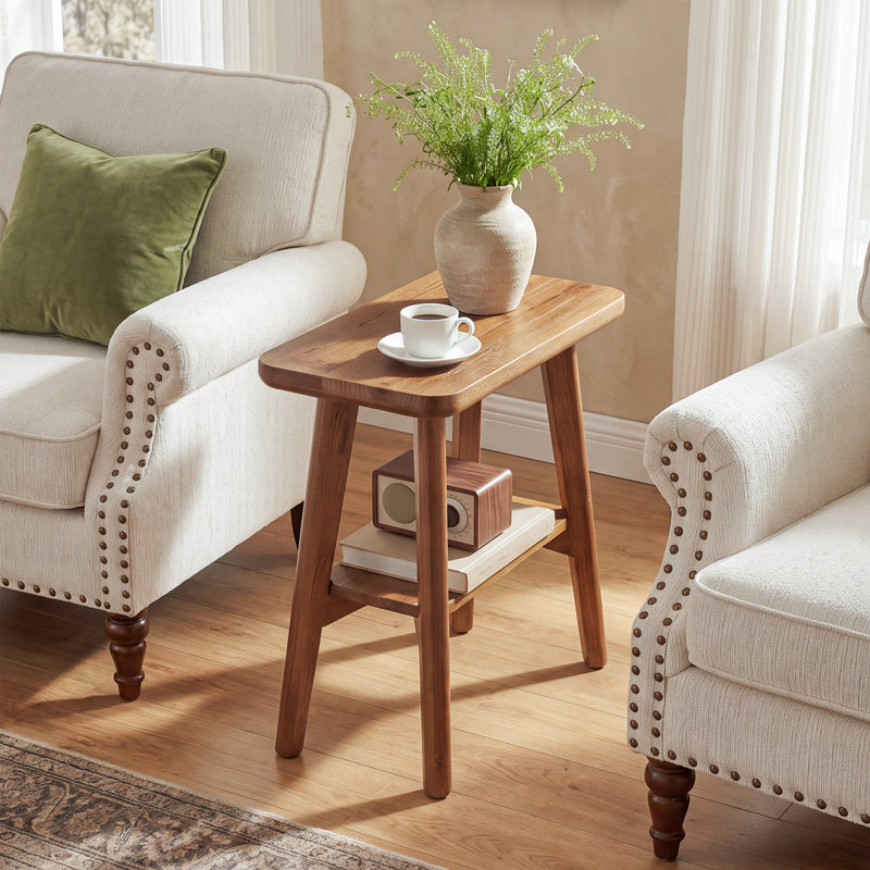 Table d'appoint en bois massif, table de chevet à 2 niveaux avec rangement, Individuel