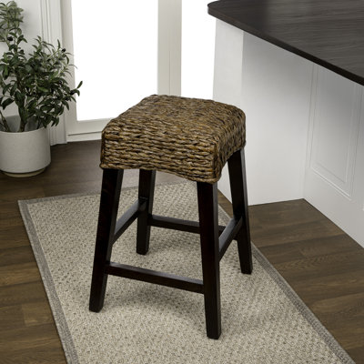 Maui Coastal 26" Woven Water Hyacinth Backless Counter Stool, Solid Mango Wood Frame with Integrated Footrest for Kitchen Island, Dark Brown