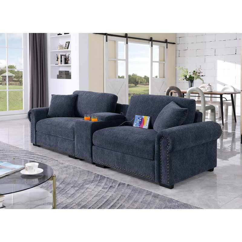 Canapé surdimensionné en chenille surdimensionné de 104,86 po avec porte-gobelet et port USB, Bleu foncé