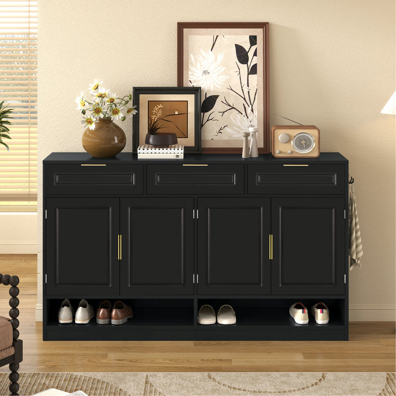 Buffet avec 3 tiroirs et 4 portes, buffet de rangement avec tablette réglable et compartiments de rangement ouverts, Noir