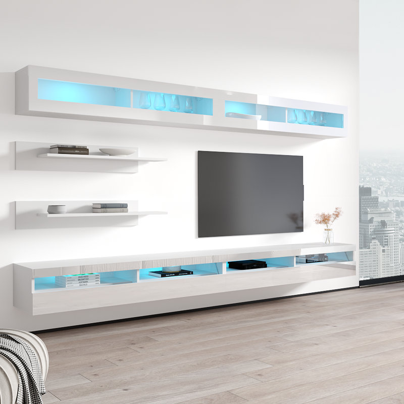 Lino 126" Modern Floating Wall Mounted Entertainment Centre with 16-Colour LED Lighting, High Gloss Finish, White