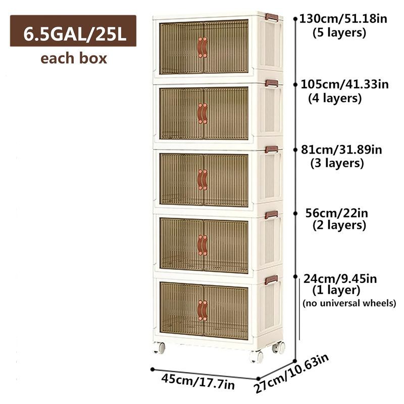 Armoire de rangement pliable à 5 niveaux avec portes et roulettes, portes avant magnétiques à double accès et couvercle supérieur, organisateur empilable en plastique pour vêtements, jouets, livres, garde-manger - blanc 53 x 37 x 159 cm