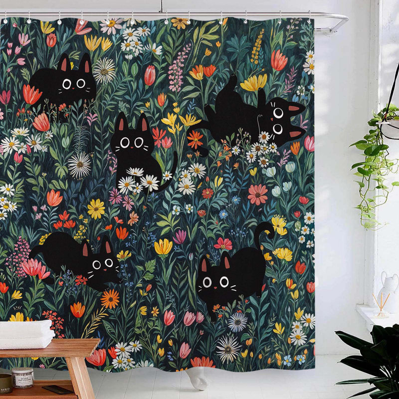 Cute Cat Shower Curtain 72'' With Hooks