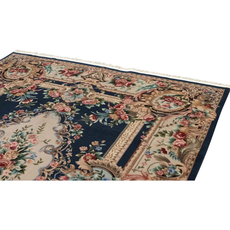 Hand Knotted Wool Area Rug in Navy And Ivory