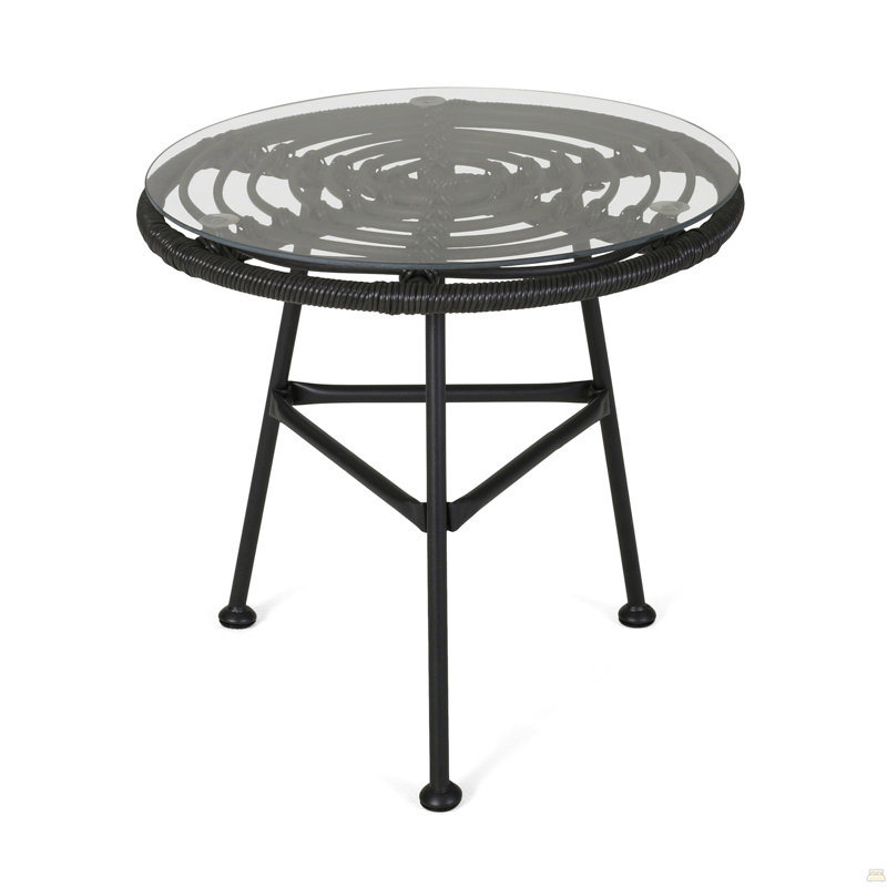 Orlando Outdoor Glass Top Faux Rattan Side Table,Tempered Glass Top End Table, Gray