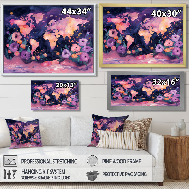 Rose mauve carte du monde «Blooms II», impression d'art mural carte du monde, Cadre simple noir, H 34 po x l 44 po x P 1,5 po