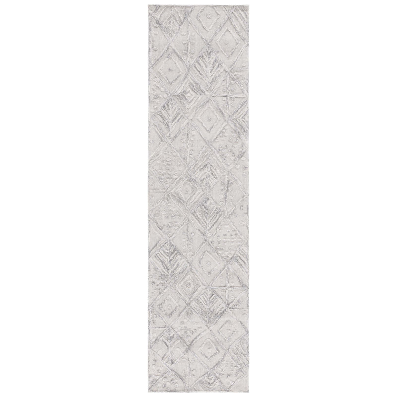 Barzan Textual Hand Tufted Wool/Cotton Geometric Rug in Gray, Runner 2'3" x 9'