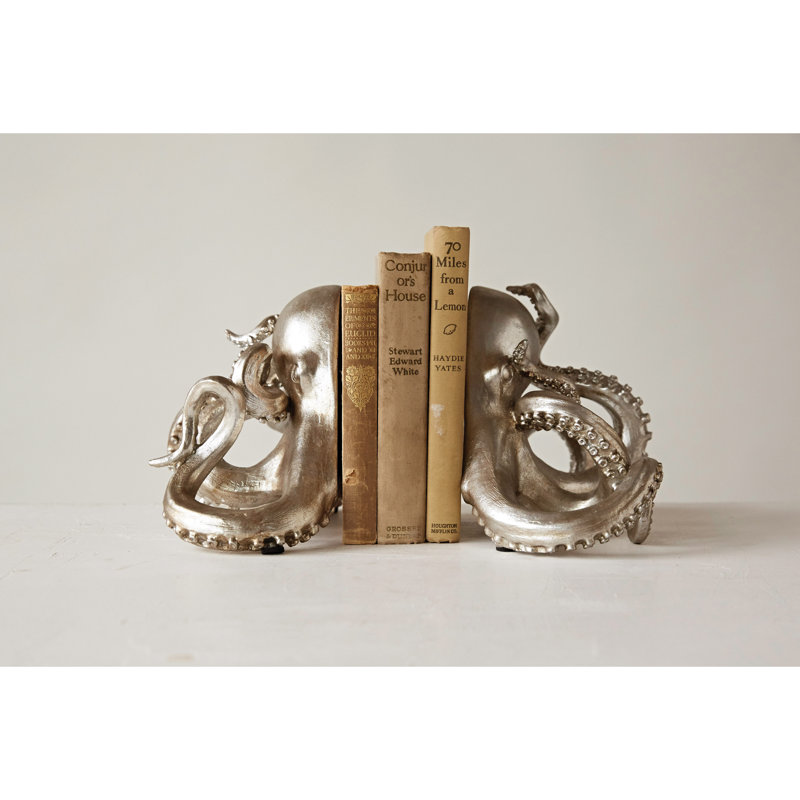 Decorative Resin Octopus Bookends, Silver