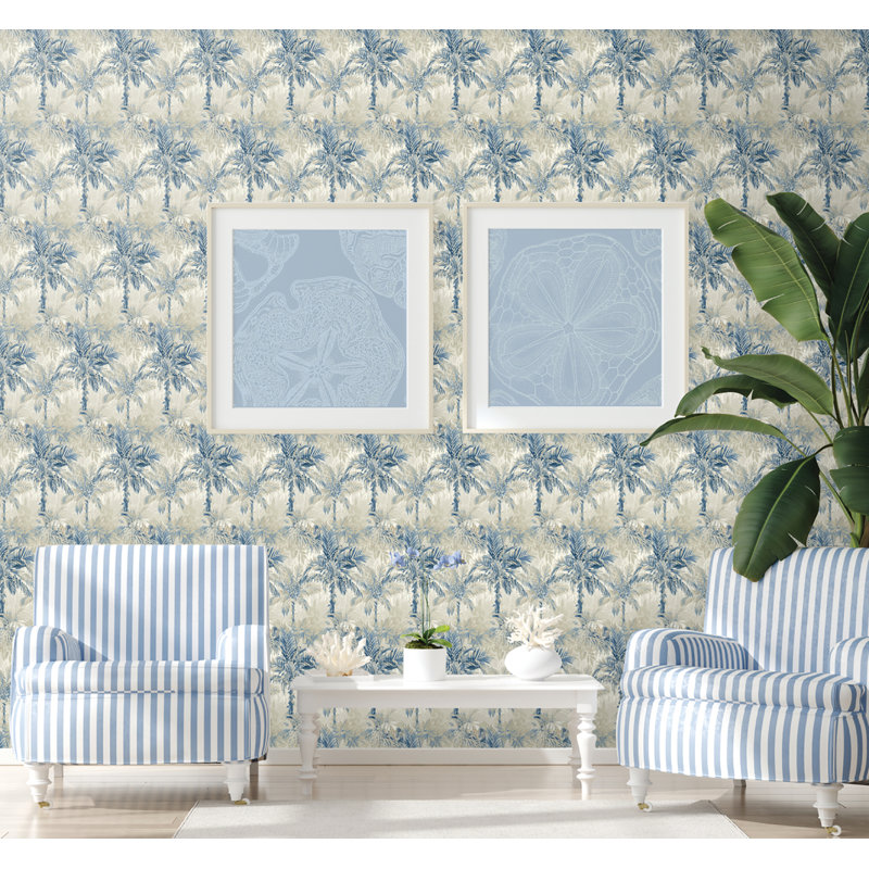 Tommy Bahama Cat Island Palm 18' L x 20.5" W Peel and Stick Wallpaper Roll, Blue