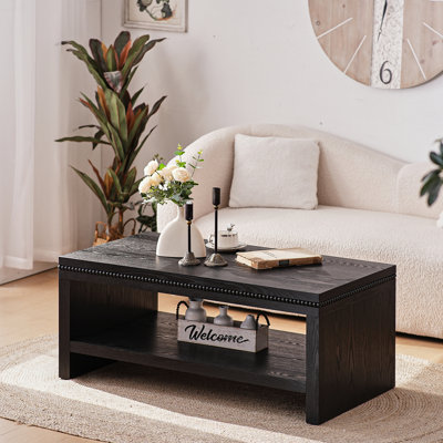 Invaldi 43.4"W Black Rustic Farmhouse  Wood Coffee Table with Shelf