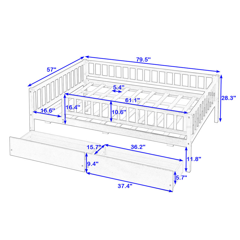 Full Size 2 Drawers Wooden Daybed with Fence, Natural