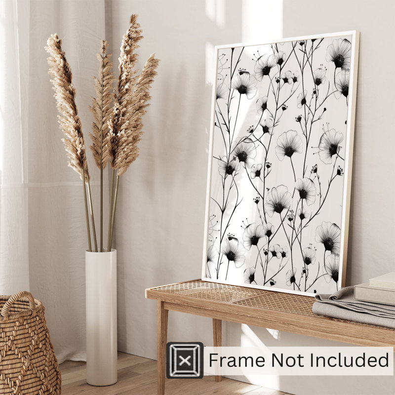 Impression florale noire et blanche, H 16 po x l 12 po