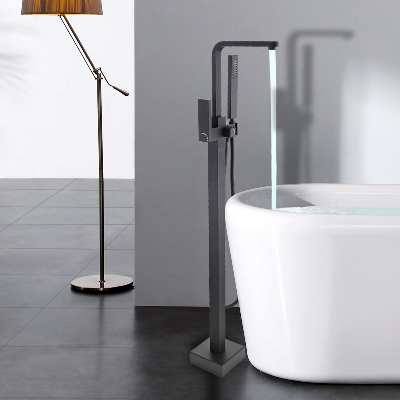 Garniture de robinet de baignoire autoportante à poignée simple avec douchette, Laiton brossé