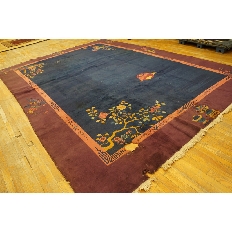 Antique Art Deco Room Size Wool Fuschia, Navy Rug