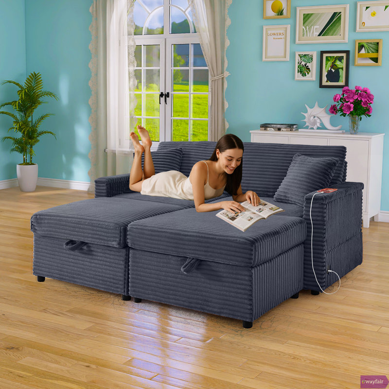 Bodhild 68" Comfortable Corduroy Lazy Sofa,Large-sized loveseat with an extra-soft chaise lounge,Ottoman with storage space, comes with a small table board,Suitable for combined living-bedroom spaces (or open-plan living areas)