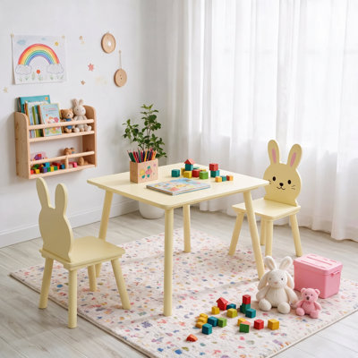 Kids Table and 2 Chairs Set, Cute Bunny Backrest Toddler Table Chair Set, Wooden Activity Play Table for Arts, Crafts, Reading, Snack Time, Yellow for Toddlers 2-6 Years Old