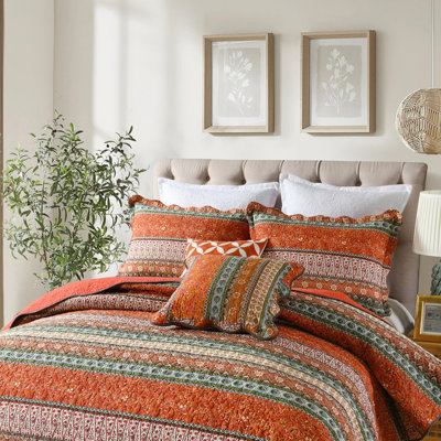 HoneiLife Red Retro Stripes  Cotton Bedspread 3-Piece Queen Size Quilt Sets