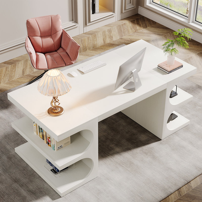 62" White Computer Desk For Home Office, Modern Executive Office Desk with  Storage Shelves