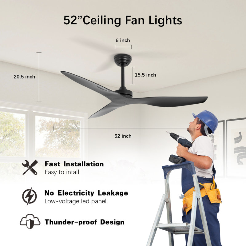 Ventilateur de plafond de 52 pouces sans éclairage avec télécommande, moteur à courant continu réversible moderne, intérieur, ventilateurs de plafond à 3 pales pour chambre à coucher / salon, ventilateur de plafond noir