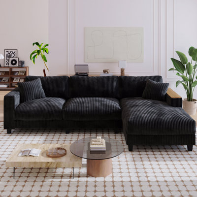 Basic Sectional Sofa, 114.5''Corduroy Couch With 2 Throw Pillows Oversized Sofa L-Shaped  Sofa With Reversible Chaise With Two Armrests Hidden Storage Space  Sofaes
