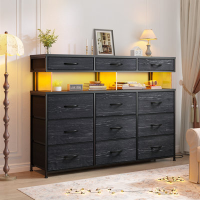 12-Drawer Dresser for Bedroom with LED Light, Charging Station & Acrylic Top,Black