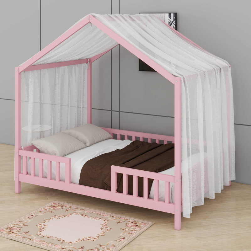 Cadre de lit double pour enfants, cadre de lit pour tout-petits en forme de maison avec balustrades hautes, Rose
