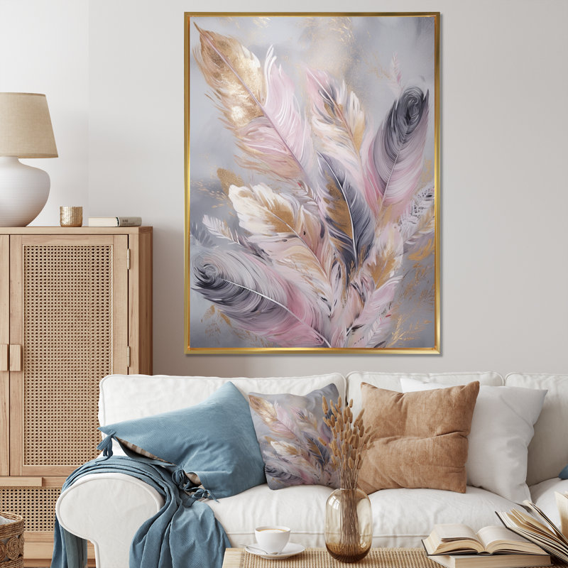 «Rosito Pink Feather Wanderlust», reproduction sur toile, H 20 po x l 12 po x P 1 po, Cadre flottant doré