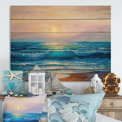 Coucher de soleil sur l'océan et vagues - Impression sur bois sans cadre