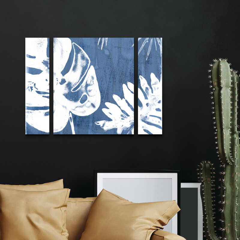 Ensemble de 3 panneaux d'art mural - "Tropical Indigo Impressions I" par June Erica Vess pour décoration de salon, de chambre à coucher ou de bureau 