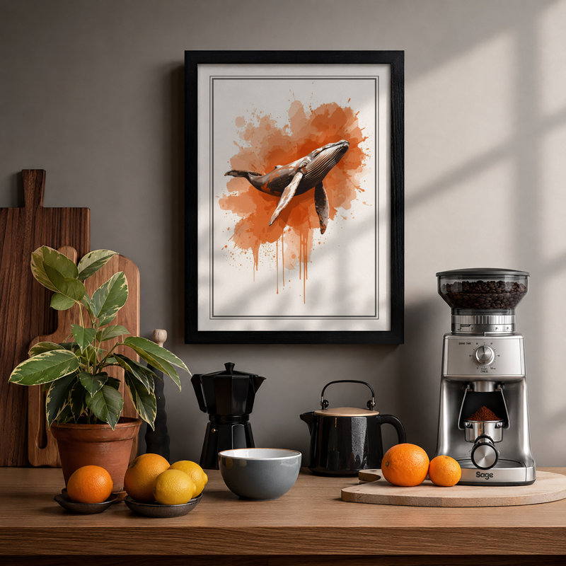 Whale in Watercolour Modern - Framed Print, Black, A3 - 42.0 x 29.7 cm