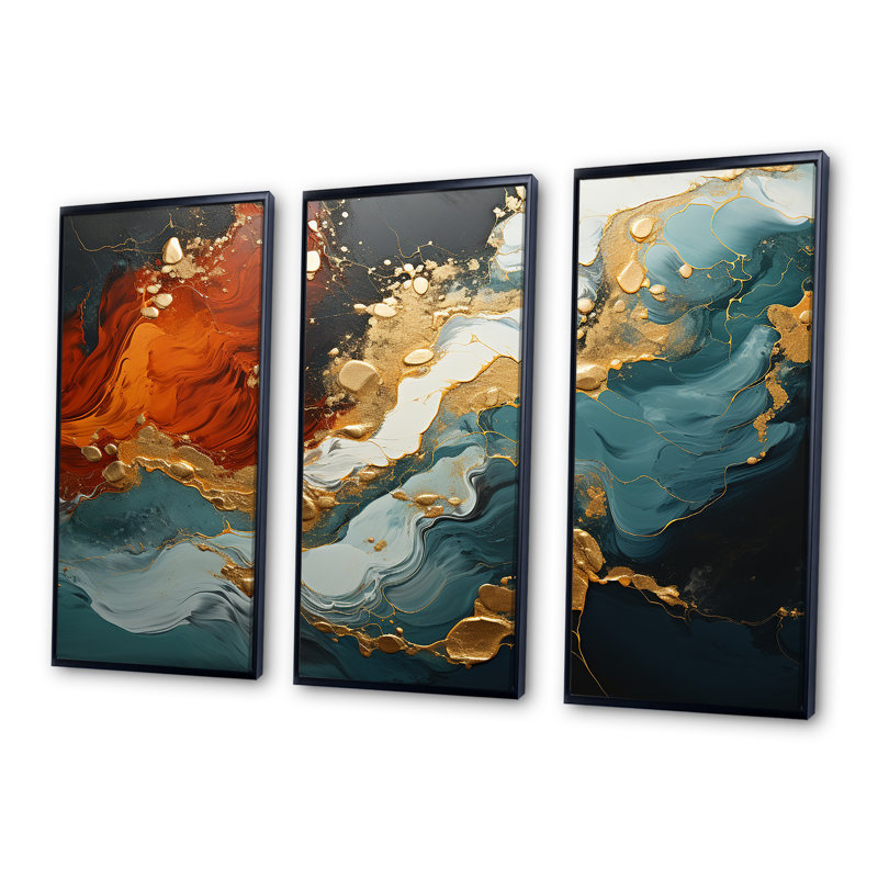 Tempête de marbre bleu et doré I - art mural abstrait, H 28 po x l 36 po x P 1 po, Cadre flottant noir