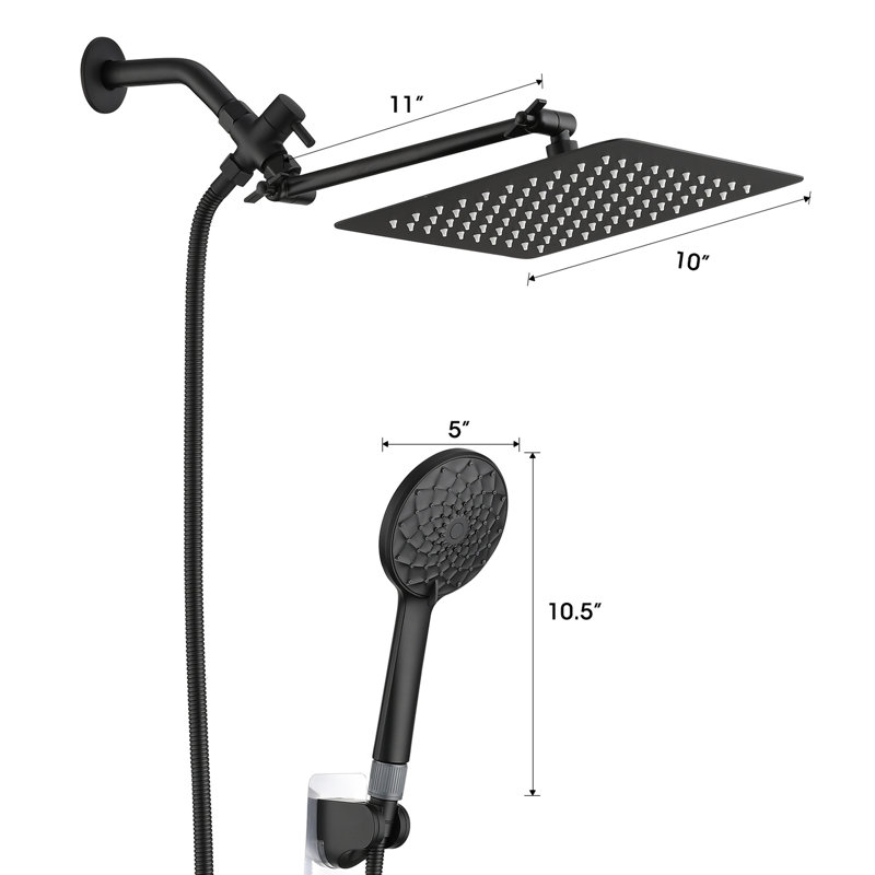 Pomme de douche carrée avec douchette et tuyau - Construction réglable en angle de 10 pouces, Noir mat