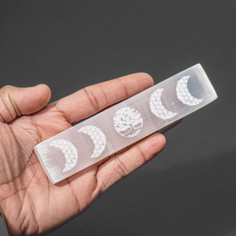 Selenite Moon Phase With Life Of Tree Engraved Charging Bar