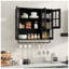 Armoire de salle de bain murale noire à 3 portes avec panneaux de verre et tablettes ouvertes