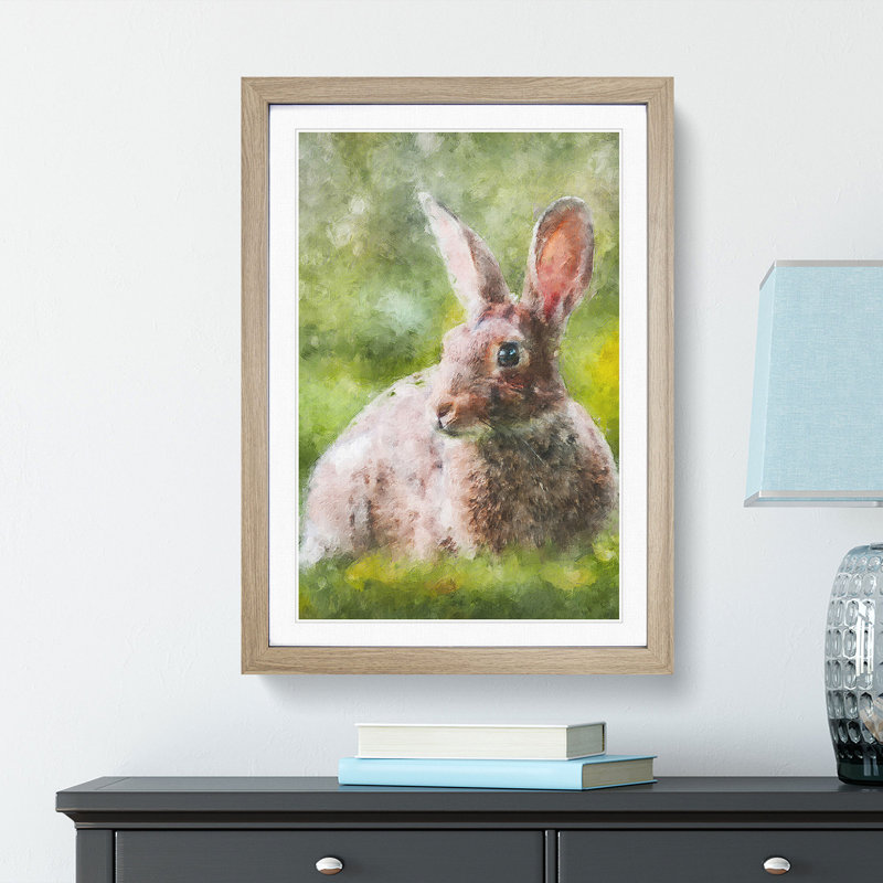 Rabbit In A Green Field - Single Picture Frame Print on MDF, 63cm H x 45cm W x 2cm D, Oak Framed