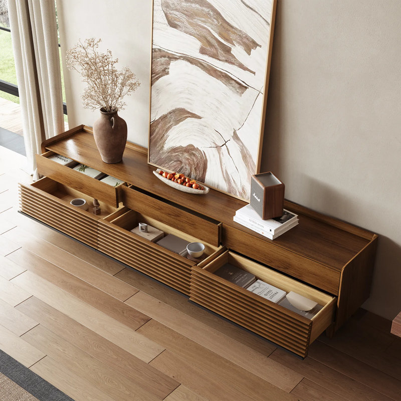 Meuble télé Mid-Century moderne avec lumière DEL, entièrement assemblé, H 22,44 po x L 94 po x l 15,75 po, Brun