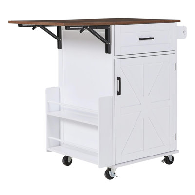 39.3" Farmhouse Kitchen Island with Drop Leaf, Kitchen Storage Island with Open Side Rack, One Drawer, Towel Rack, Rolling Kitchen Cart with Lockable Wheels for Lawn Garden, White